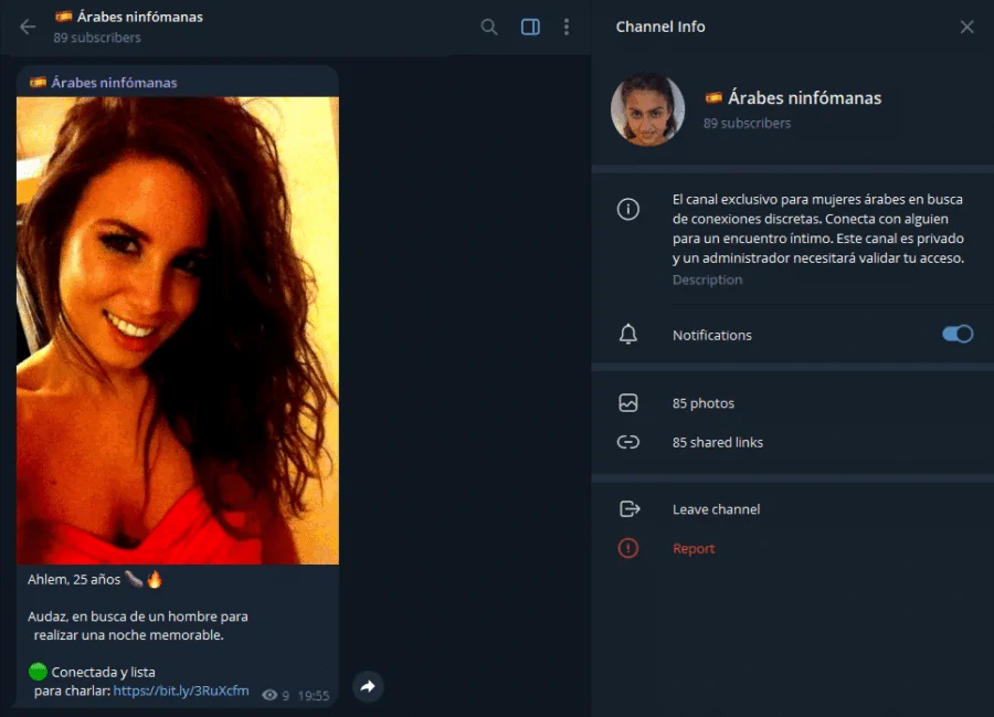 Vista previa del canal de Telegram Árabes ninfómanas